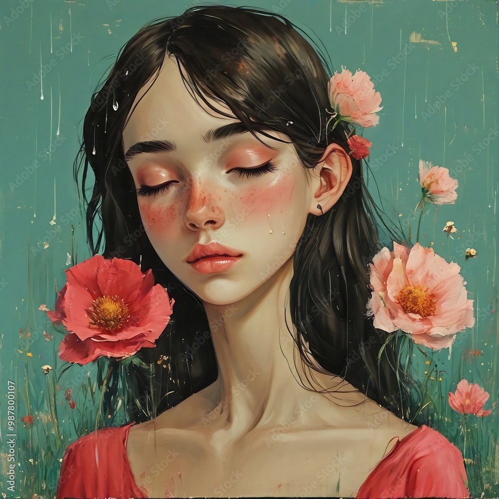 Mujer Hermosa Y Joven Con Los Ojos Cerrados Y Flores A Su Alrededor