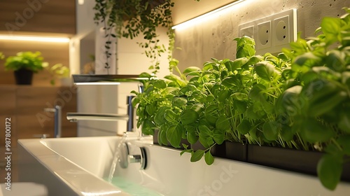 Stacked basil in a planter above a modern bathtub and outlet