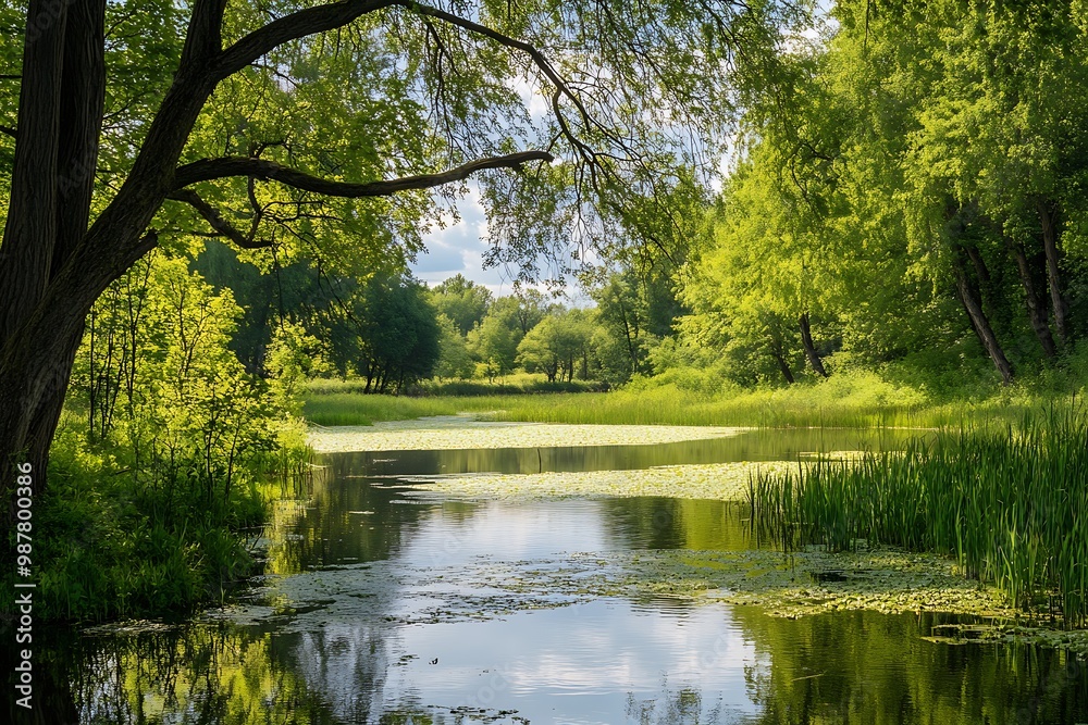 Tranquil Summer Scene with a Pond and Lush Greenery Tranquil Summer Scene with a Pond and Lush Greenery
