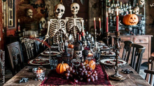 Halloween celebration feast long dining table covered deep crimson cloth chairs perfectly aligned with skeleton holding glass bony hand left cowboy skeleton right table with Jackolantern candles wine 