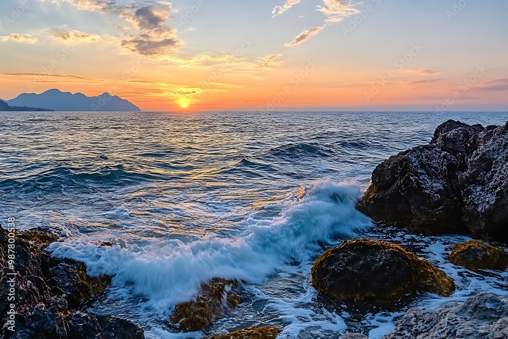 Sunset over the ocean with waves crashing on rocky shore Sunset over the ocean with waves crashing on rocky shore