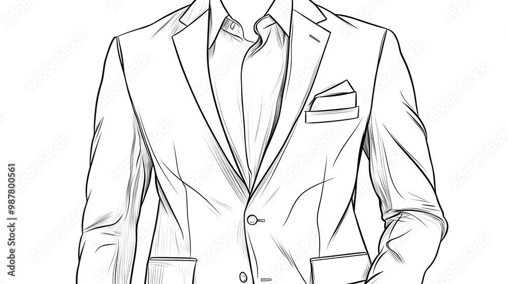 A hand-drawn illustration of a man's suit jacket with a single button closure. A hand-drawn illustration of a man's suit jacket with a single button closure.
