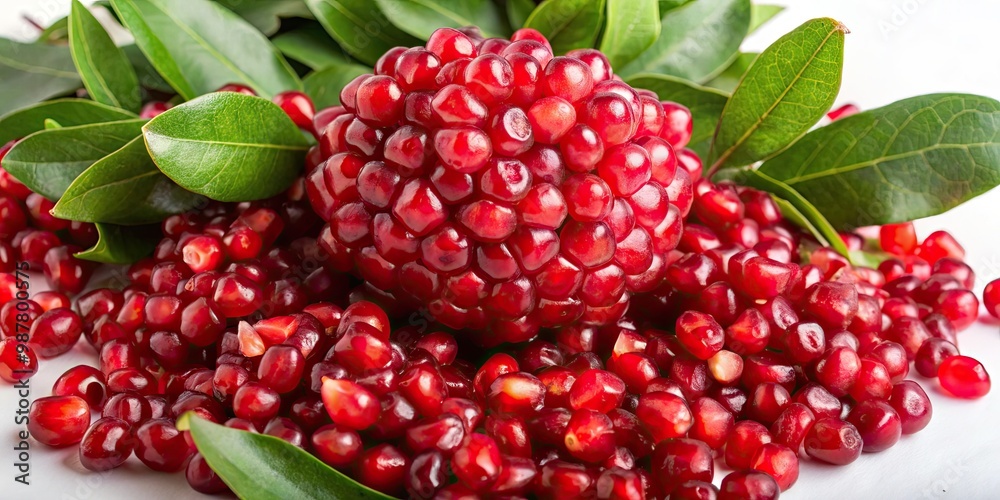 Bunches of succulent ripe pomegranate seeds with fresh leaves.