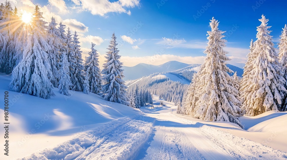 Snow-covered trees and mountains create a beautiful winter wonderland in the Czech Republic. Sunny skies and a ski track complete the picturesque scene. Snow-covered trees and mountains create a beautiful winter wonderland in the Czech Republic. Sunny skies and a ski track complete the picturesque scene.