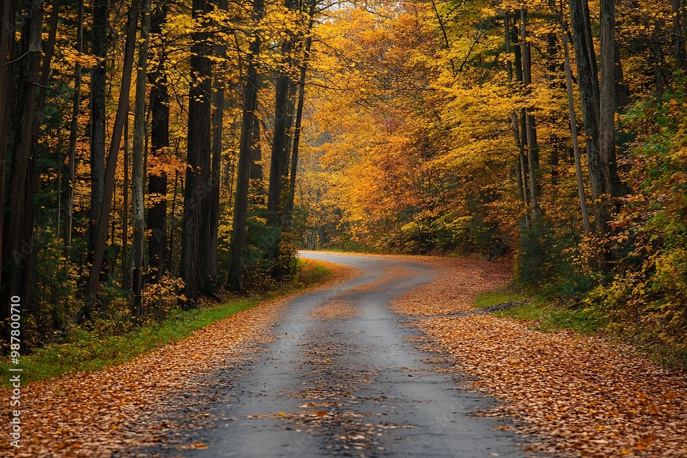 Obraz premium Scenic winding road through colorful autumn forest. Fall foliage, trees, nature photography.