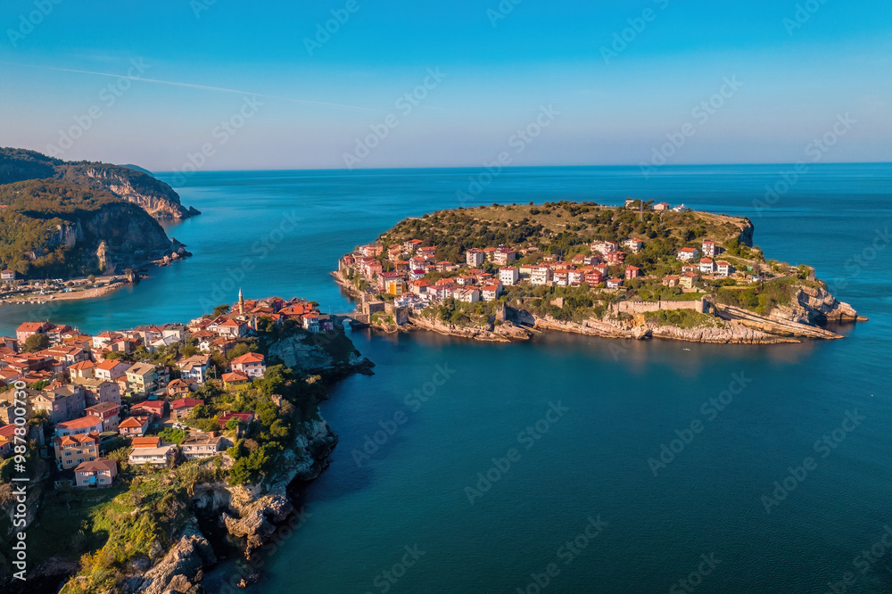 Amasra, Turkey. Two islands in the Black Sea connected by a bridge. Beautiful natural city view.