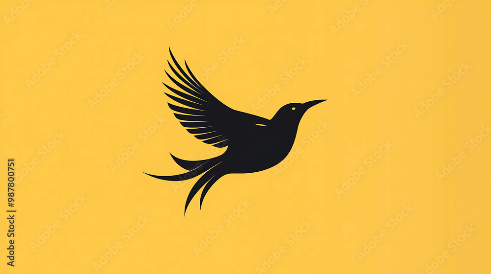 Fototapeta premium A minimalist black bird silhouette flying against a yellow background.