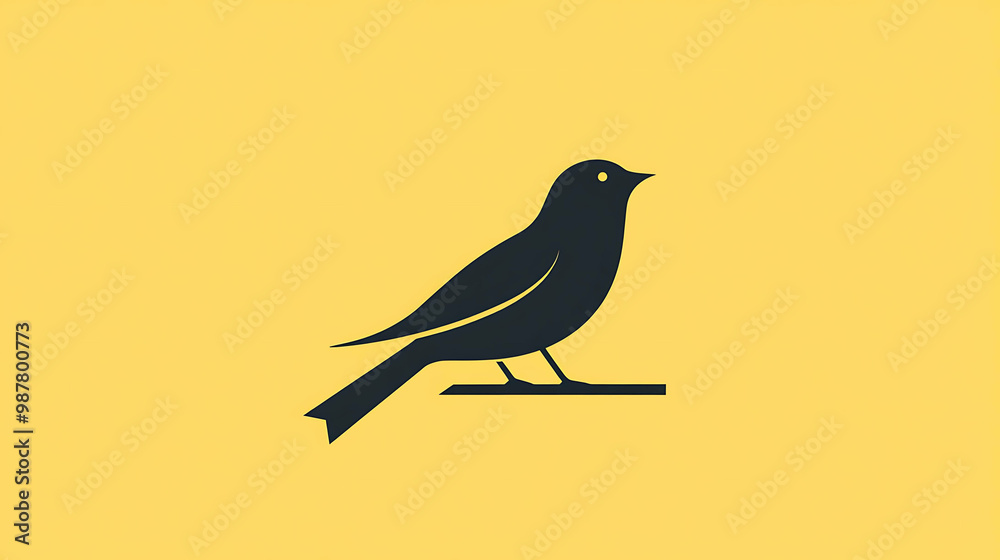 Obraz premium Black silhouette of a bird on a branch on a yellow background.