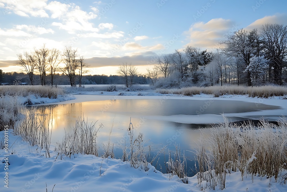 Winter wonderland with frozen lake, snow covered grass, and trees under a blue sky. Winter wonderland with frozen lake, snow covered grass, and trees under a blue sky.
