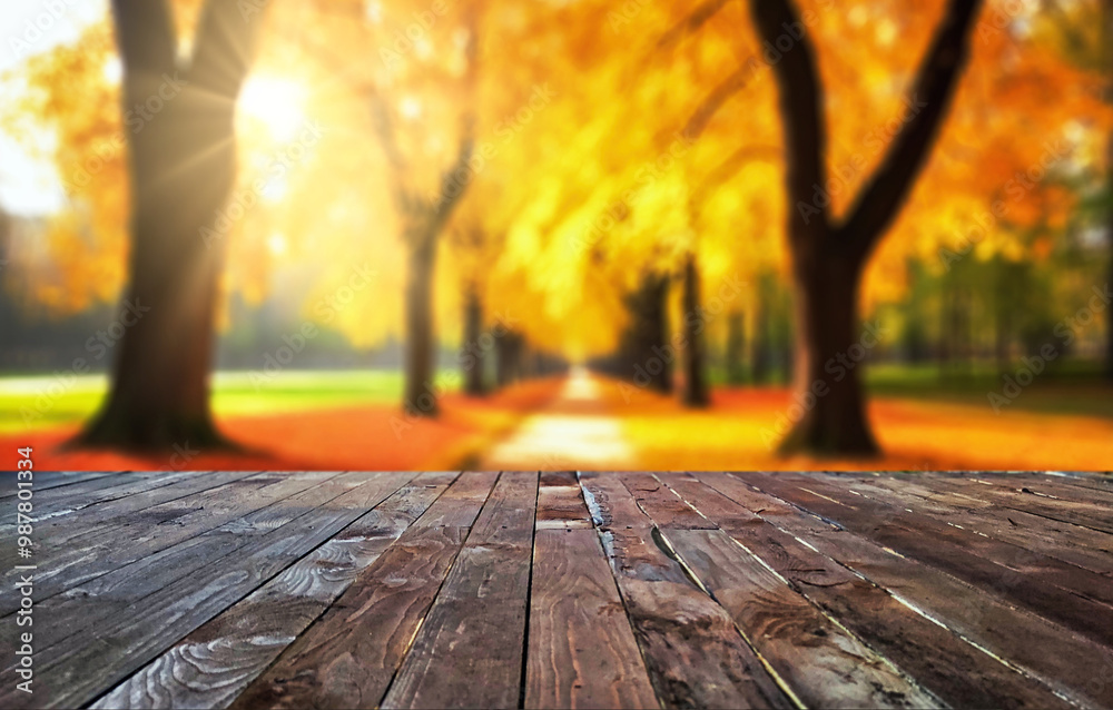 Empty wooden tabletop against blur autumn park background with sun rays light. Mock up template for design your products, goods, merchandise, to advertise up a fall sales. Empty wooden tabletop against blur autumn park background with sun rays light. Mock up template for design your products, goods, merchandise, to advertise up a fall sales.