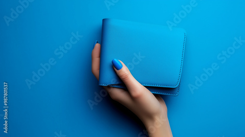 Female hand with bright blue manicure holding blue wallet on blue background.