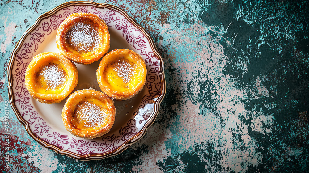 Obraz premium Golden-brown Pasteis de Nata with a crisp, flaky crust and a creamy custard filling, dusted with a touch of cinnamon and powdered sugar, arranged on a decorative plate