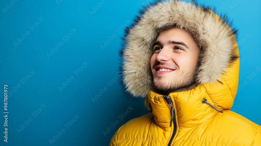 Young smiling fun man 20s wearing yellow puffer down jacket with fur hood look aside on workspace area mock up isolated on plain blue color background studio portrait. People winter lifestyle concept Young smiling fun man 20s wearing yellow puffer down jacket with fur hood look aside on workspace area mock up isolated on plain blue color background studio portrait. People winter lifestyle concept