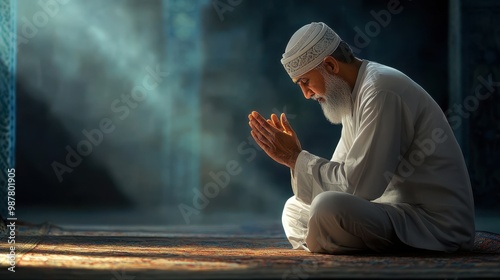 Muslim Man Praying in Mosque with Incense Smoke