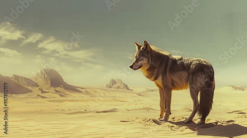 Standing in the heart of a wide desert is a single wolf
