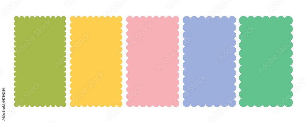 Multicolored vertical rectangular frames with scallop edges set. Silhouette rectangular text boxes with curved borders.
