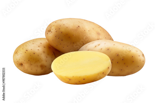 Set of Potato, potatoes vegetables, many angles and view side top front cluster group slice cut on transparent background, PNG file.