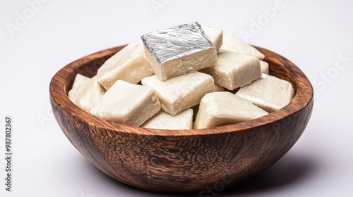 Kaju Katli with silver paper top coating in Royal wooden bowl