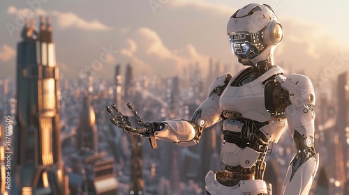 Standing on top of a city a robot holds out its hand