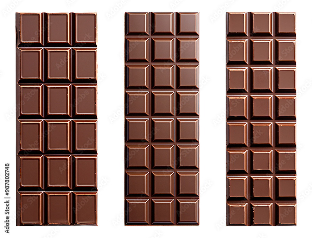 Fototapeta premium Three chocolate bars with perfectly scored squares ready to be broken and savored
