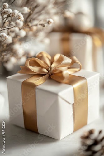 White gift boxes with gold ribbon bow on white background. Presents for birthday or Christmas