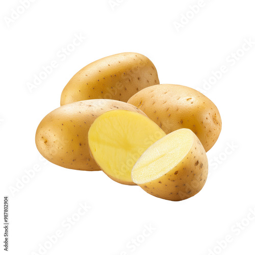 Set of Potato, potatoes vegetables, many angles and view side top front cluster group slice cut on transparent background, PNG file.
