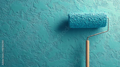 Modern home renovation moment with a detailed view of roller rolling bright turquoise paint on textured wall surface.