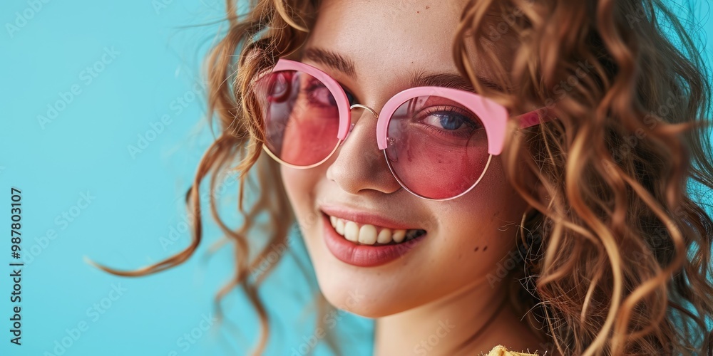 Happy young woman in stylish pink sunglasses on blue pastel background Happy young woman in stylish pink sunglasses on blue pastel background