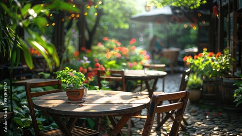 A cozy outdoor cafe patio with wooden tables and chairs surrounded by lush greenery and sunlight.