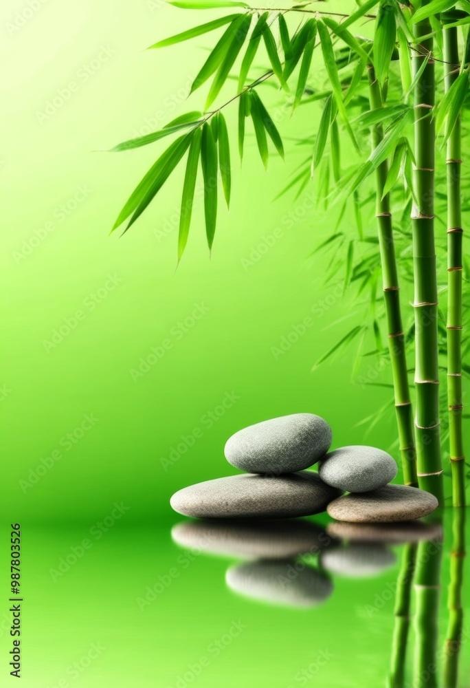 relax green background with smooth oval stones and bamboo stems nearby. there is free space relax green background with smooth oval stones and bamboo stems nearby. there is free space