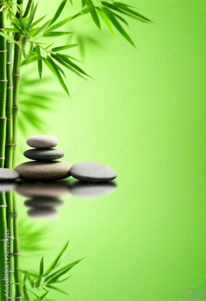 relax green background with smooth oval stones and bamboo stems nearby. there is free space relax green background with smooth oval stones and bamboo stems nearby. there is free space