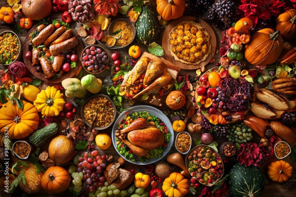 A table overflowing with an abundance of Thanksgiving food, including roasted turkeys, pumpkins, and seasonal fruit. A table overflowing with an abundance of Thanksgiving food, including roasted turkeys, pumpkins, and seasonal fruit.