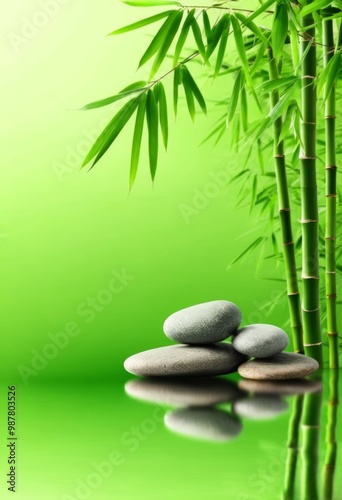 relax green background with smooth oval stones and bamboo stems nearby. there is free space