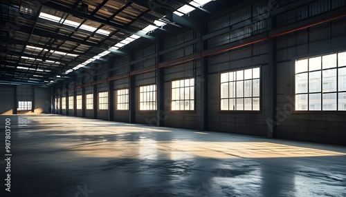 Abandoned warehouse interior showcasing industrial property with concrete floors, natural light from windows, and metallic details for real estate and manufacturing potential