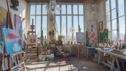 Editorial Style photo, French, crystal chandelier, painting studio, Easel, oil paintings, sculptures, potted cacti, wooden flooring, and splattered paint everywhere, Pink & Gold & White, direct sunlig photo