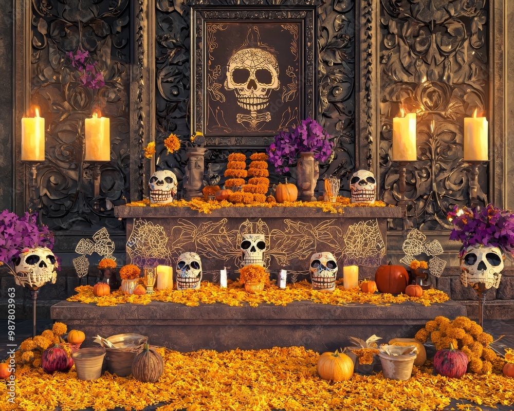 Obraz premium An altar decorated with skulls, flowers, and candles for Día de Muertos, the Day of the Dead.