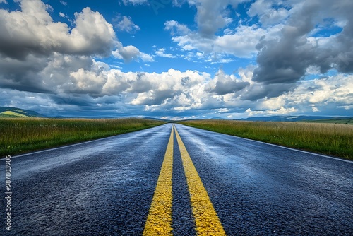 Endless road stretching into the horizon with blue sky and white clouds. Concept of freedom, journey, adventure, and open road.