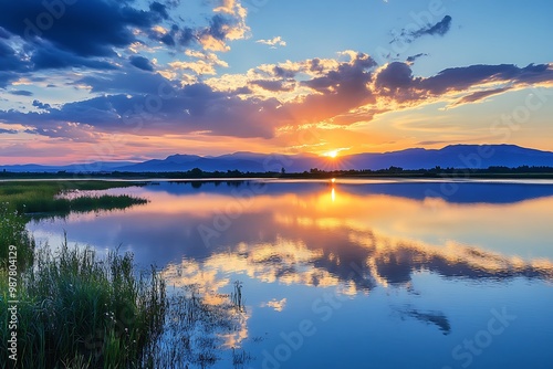 Wallpaper Mural Sunset reflected in calm lake with mountains in background Torontodigital.ca