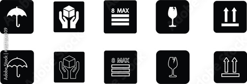 Sticker fragile handle with care, black fragile warning label, label with broken glass symbol, maximum stock, umbrella, direction sign, holding box vector set asset collection line and flat isolated.