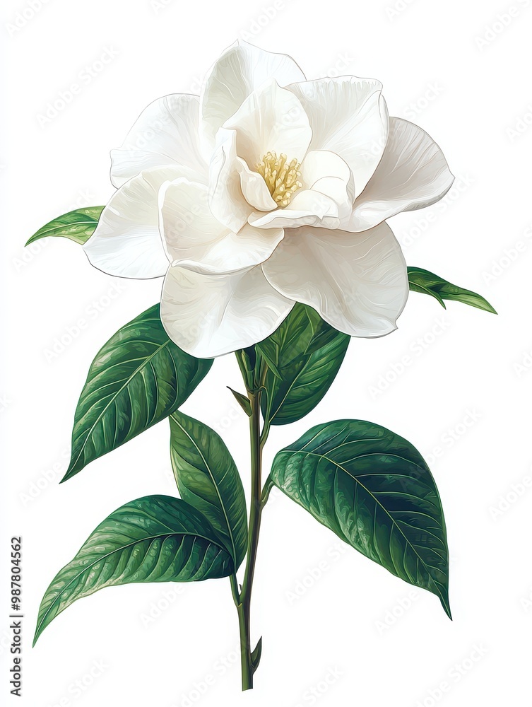 Naklejka premium A beautiful white magnolia flower with lush green leaves, symbolizing purity and elegance in nature, white background