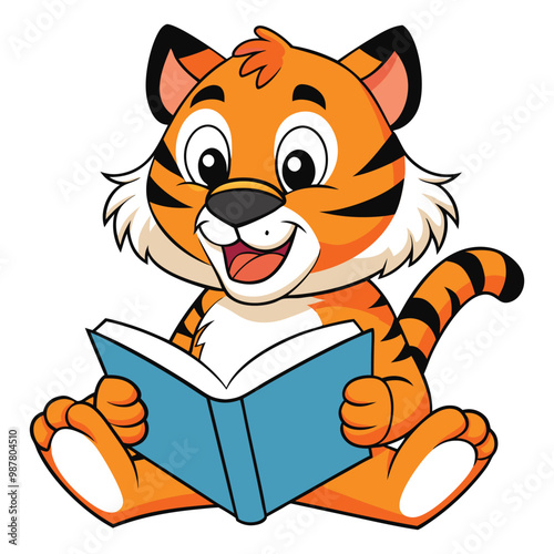 Cute Baby Tiger Reading Book Cartoon Vector Icon Illustration Animal Education Icon