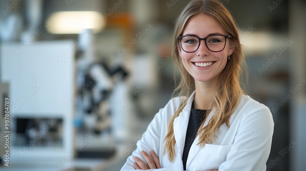 A woman wearing a white lab coat and glasses is smiling for the camera. She is standing in front of a lab bench with various scientific instruments and equipment A woman wearing a white lab coat and glasses is smiling for the camera. She is standing in front of a lab bench with various scientific instruments and equipment