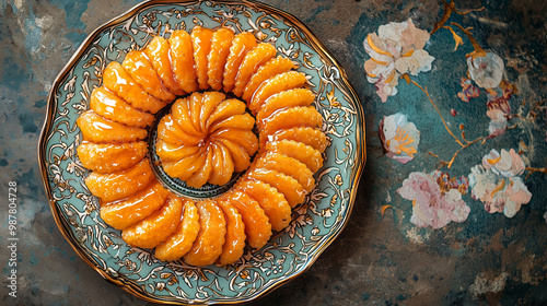 orange, circular Imarti, crispy and glazed with syrup, arranged on a decorative plate, on a royal background photo