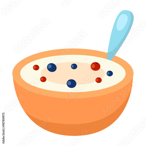 A plate of milk porridge. Oatmeal with berries. Vector illustration.