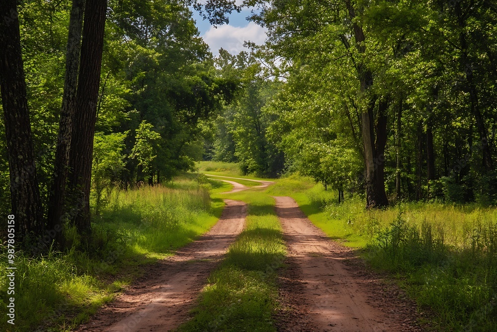 Dirt road fork in green summer forest with sunlight Dirt road fork in green summer forest with sunlight