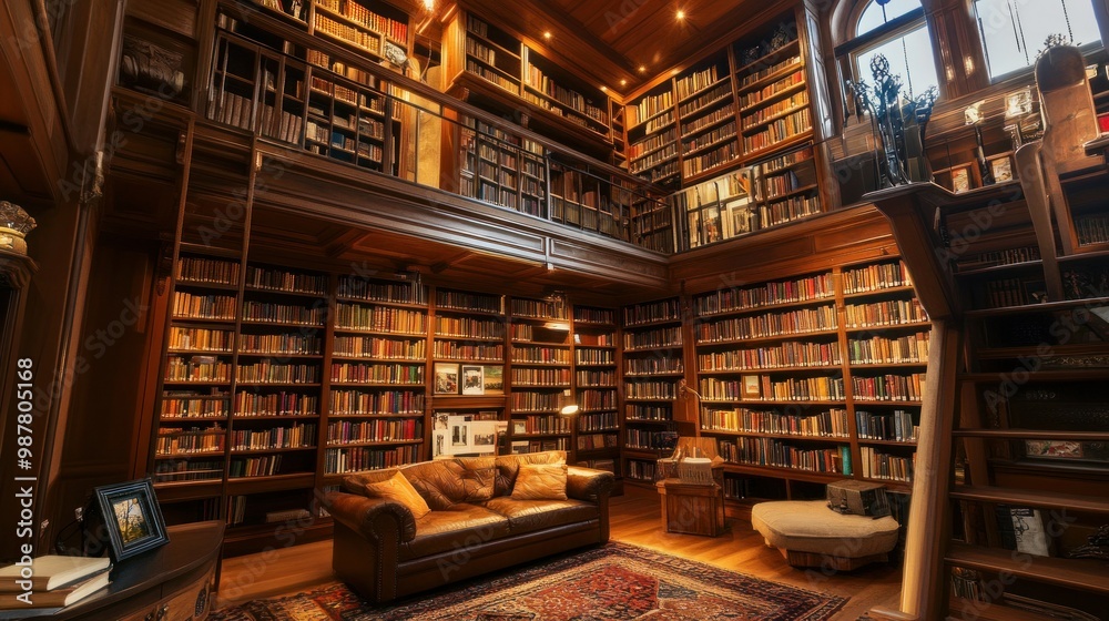 A Luxurious Library with Wooden Bookshelves and a Comfortable Leather Sofa A Luxurious Library with Wooden Bookshelves and a Comfortable Leather Sofa