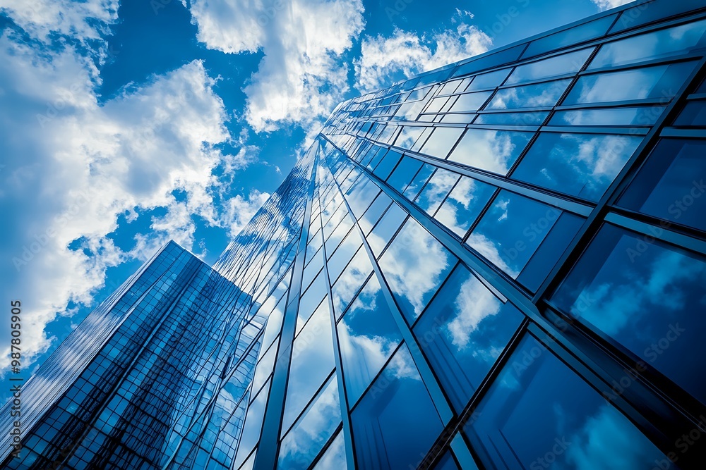 Modern glass skyscraper reflecting clouds and sky. Architecture, urban, cityscape, business, success, ambition Modern glass skyscraper reflecting clouds and sky. Architecture, urban, cityscape, business, success, ambition