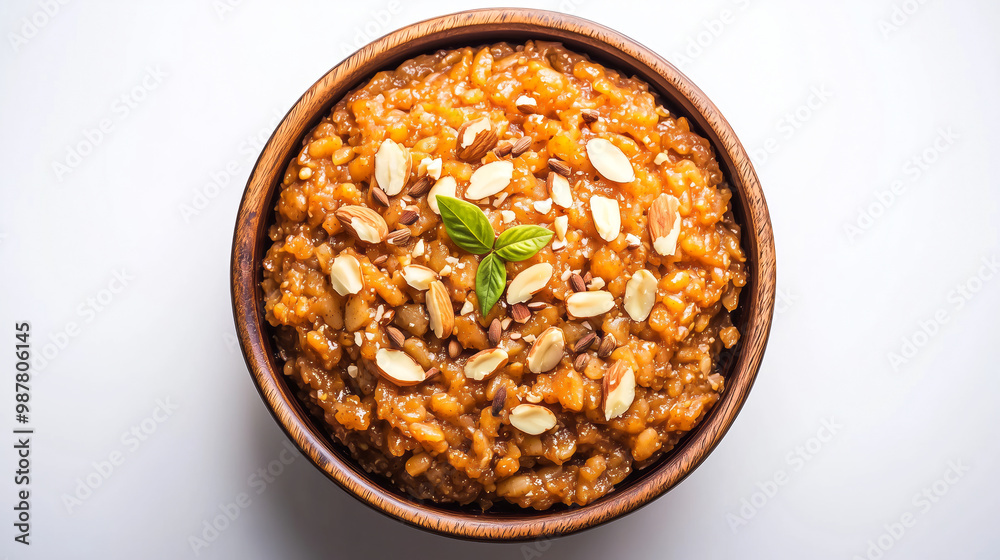 Rich, golden Moong Dal Ka Halwa garnished with almonds and cardamom, served in a traditional bowl Rich, golden Moong Dal Ka Halwa garnished with almonds and cardamom, served in a traditional bowl
