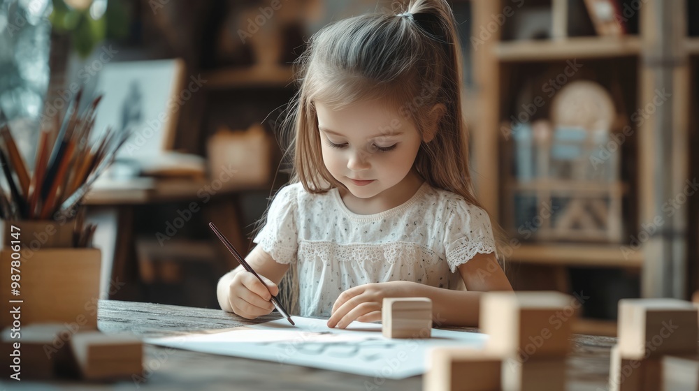 A little girl is drawing on a piece of paper with a pencil A little girl is drawing on a piece of paper with a pencil