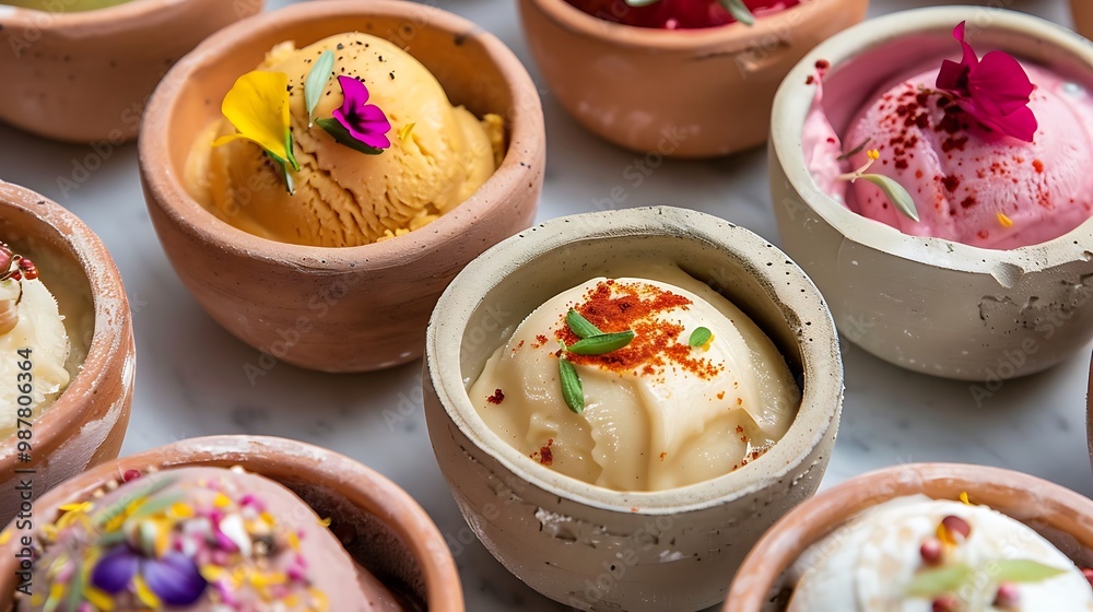 Stoneware dishes filled with kulfi frozen treats